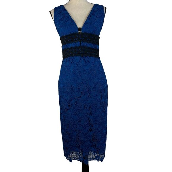 Diane von Furstenerg SZ 2 Viera Lace Dress Sheath Sleeveless Deep V-Neck Blue